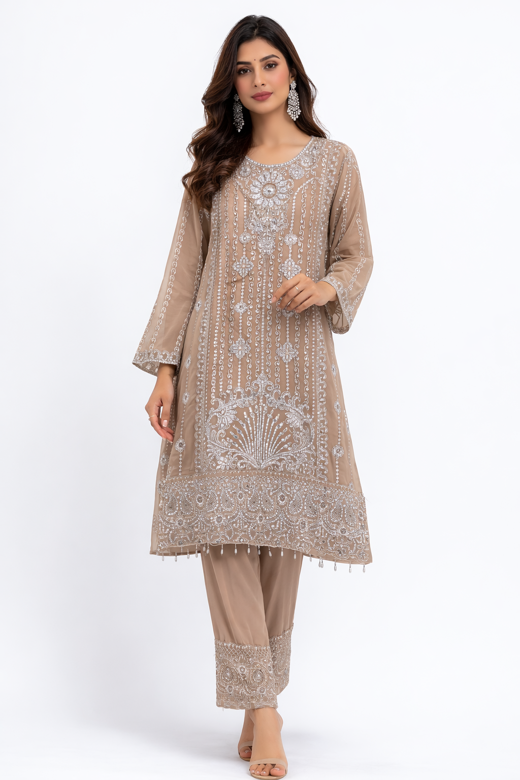 Premium Champagne Beige Embroidered Pakistani Ready To Party Suit