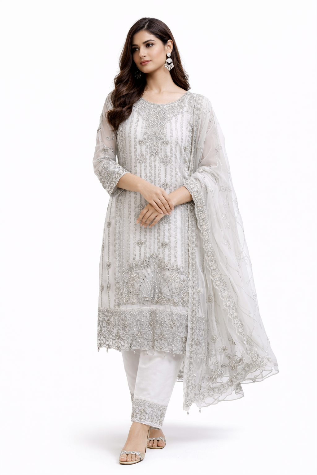 Premium White Embroidered Pakistani Ready To Party Suit