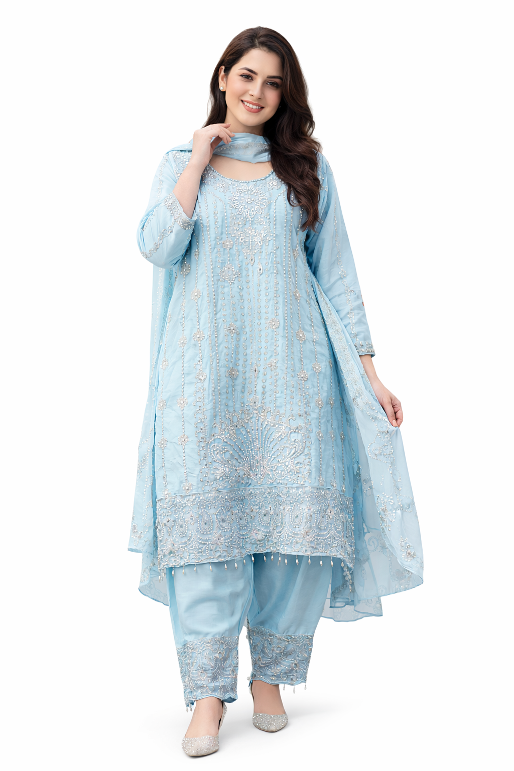 Premium Sky Embroidered Pakistani Ready To Party Suit